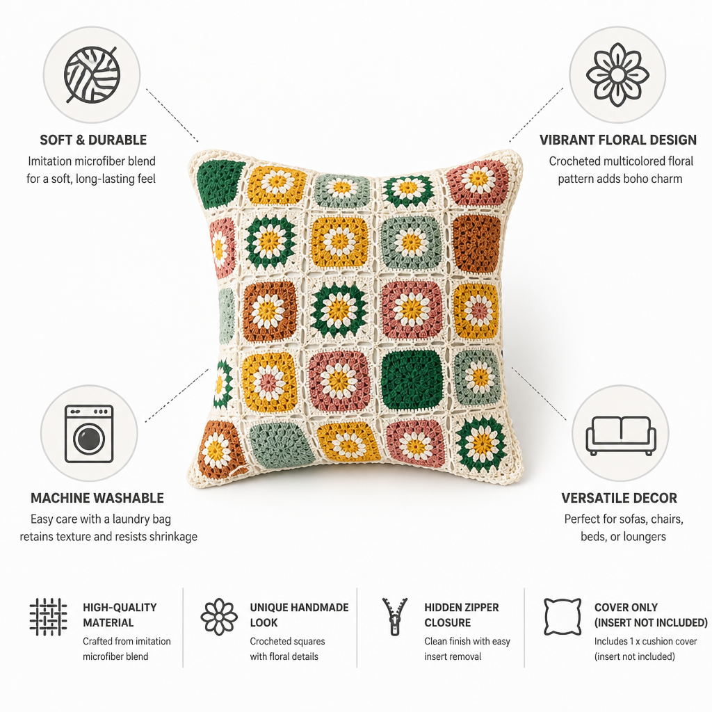 Cushion Cover Crocheted Multicolor Floral Microfiber Machine Washable