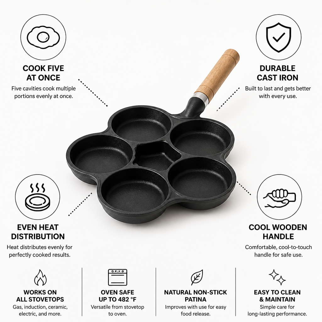 Egg Pan Cast Iron 5 Cavity Wooden Handle