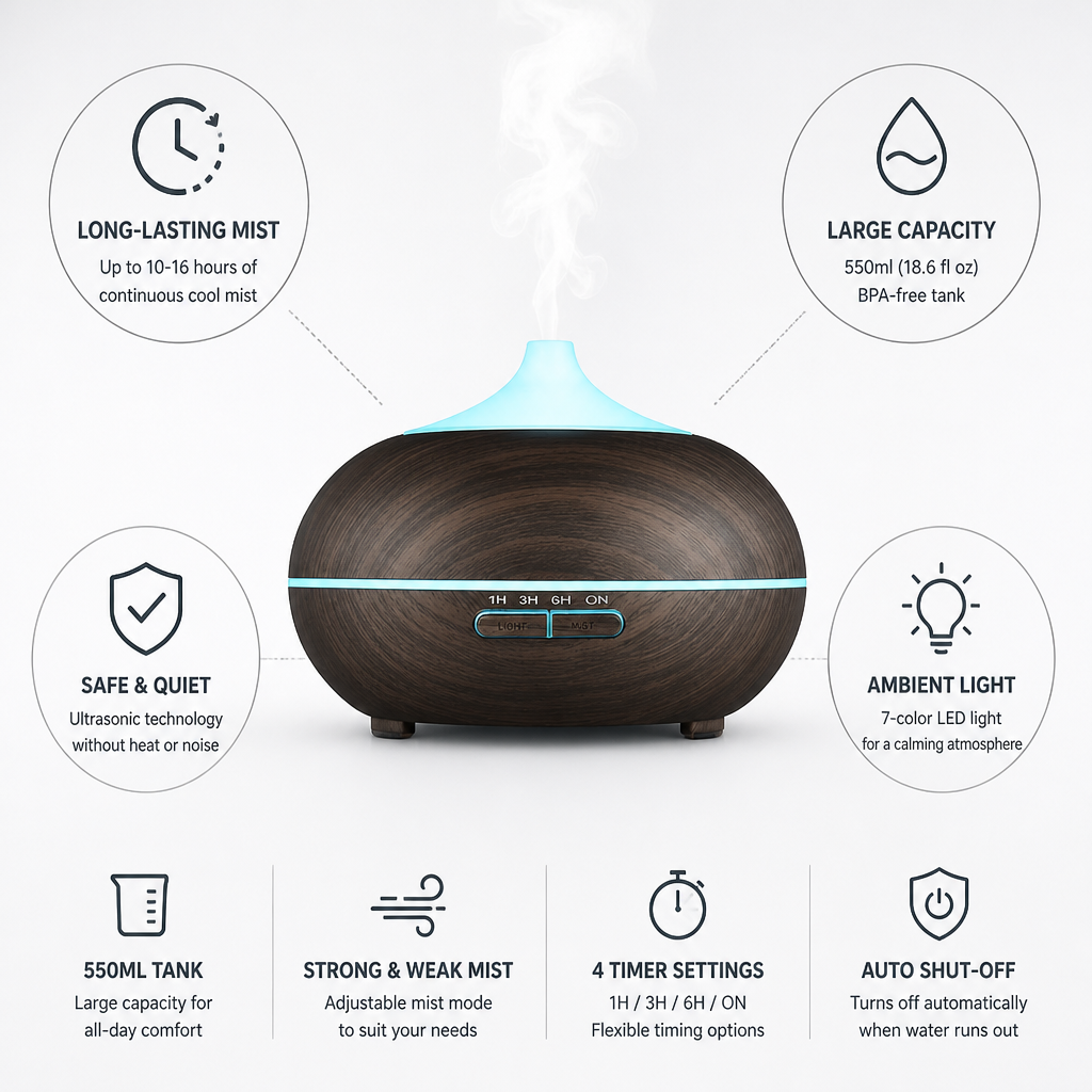 Essential Oil Diffuser 550ml Ultrasonic Auto Shut-Off