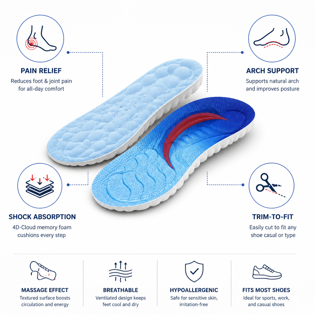 Orthopedic Insoles Orthotic Arch Support Memory Foam & Trim-to-Fit