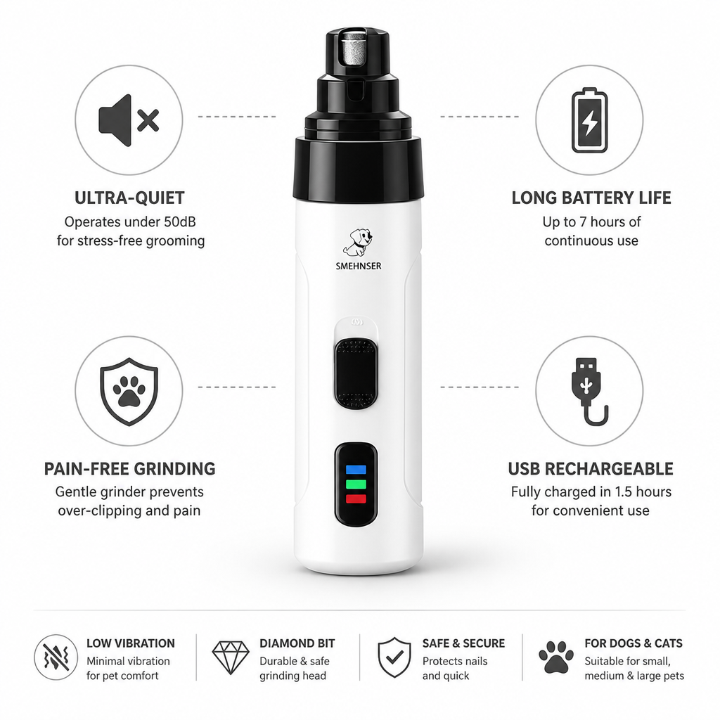 Pet Nail Grinder Ultra-Quiet USB Rechargeable 7-Hour Battery