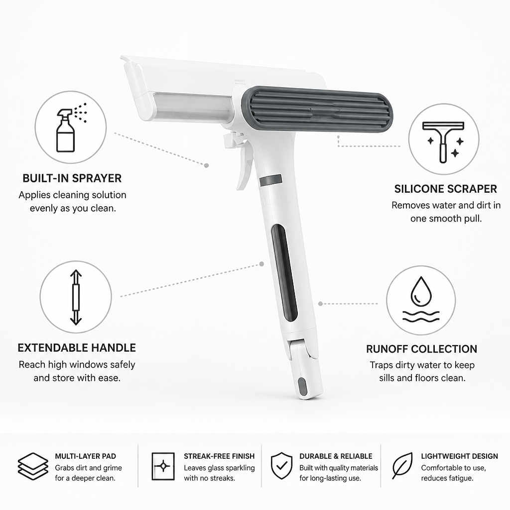 Window Squeegee Built-In Sprayer & Extendable Handle