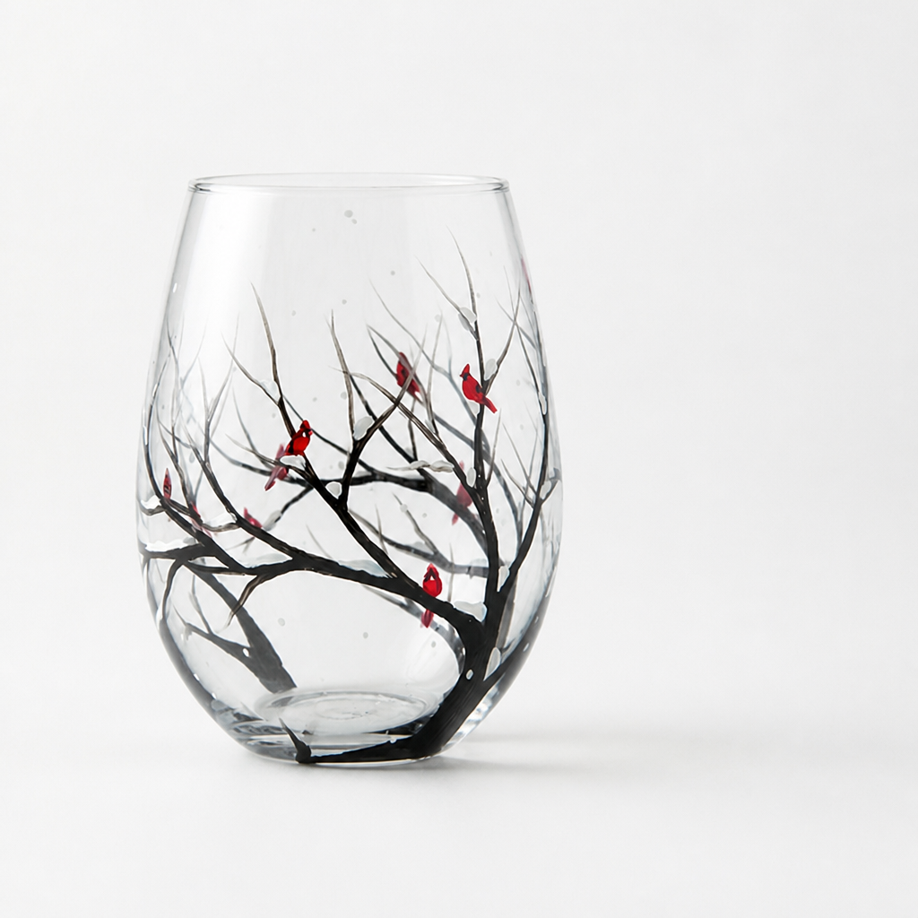 Wine Glass Hand-Painted Seasonal Tree & Butterfly Dishwasher-Safe