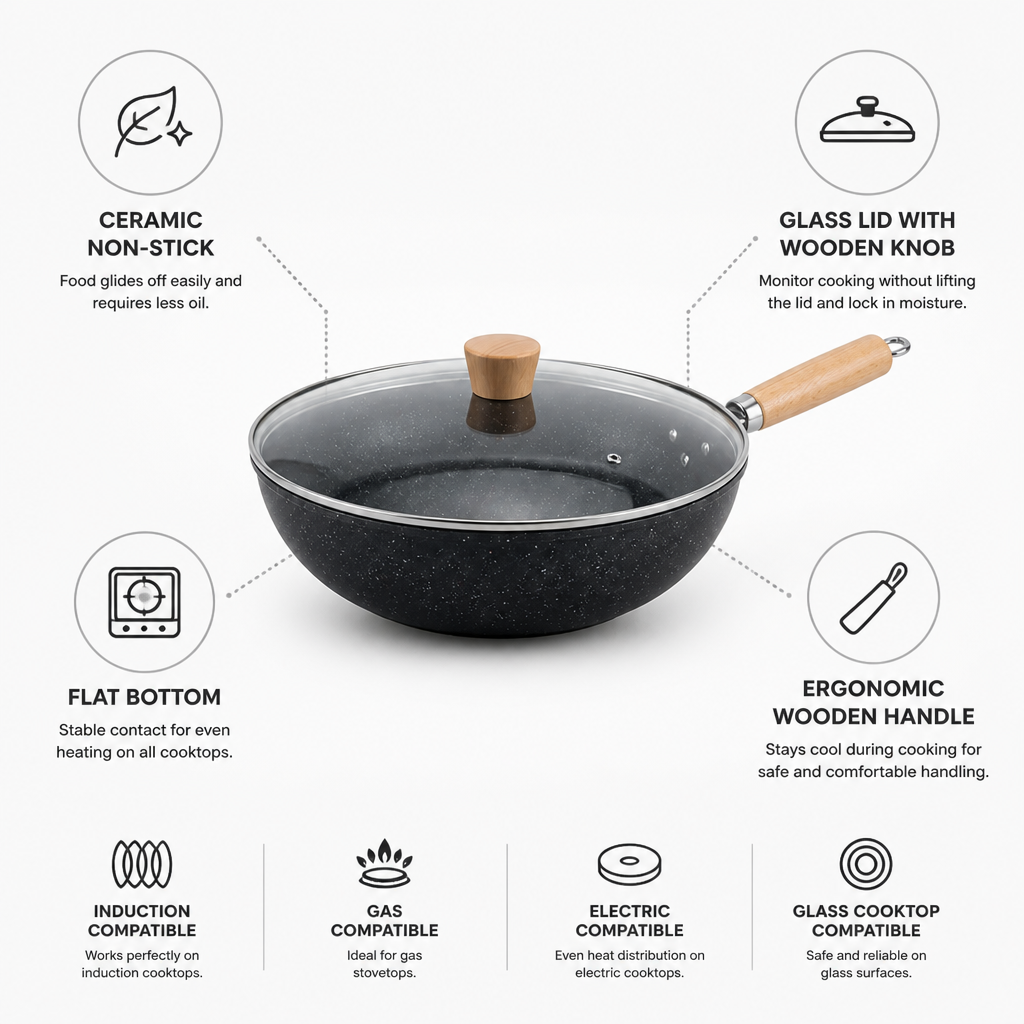 Wok Ceramic Non-Stick Flat Bottom & Glass Lid