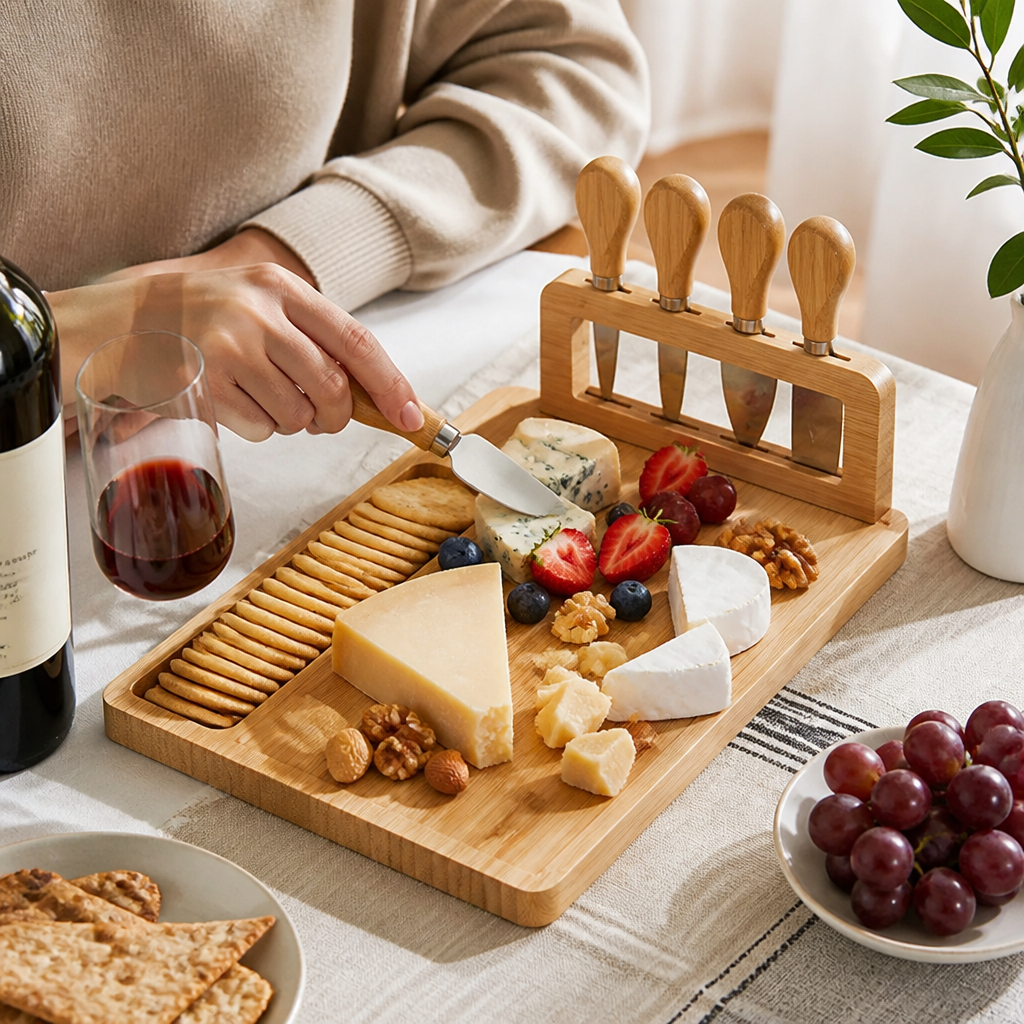 Bamboo Cheese Board Set with Knives and Storage Box (4 Knives)