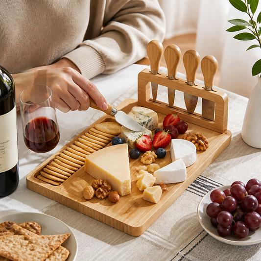 Bamboo Cheese Board Set with Knives and Storage Box (4 Knives)