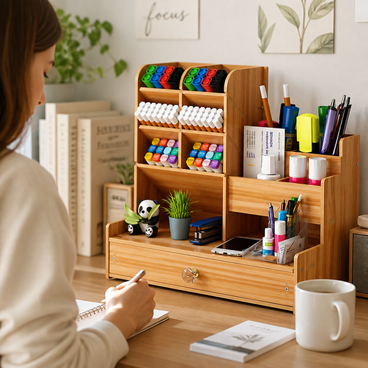 Bamboo Multi-Compartment Desk Organizer Shelf with Drawer
