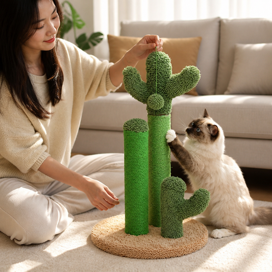 Cactus-Inspired Plush Cover And Wood Frame Cat Tree