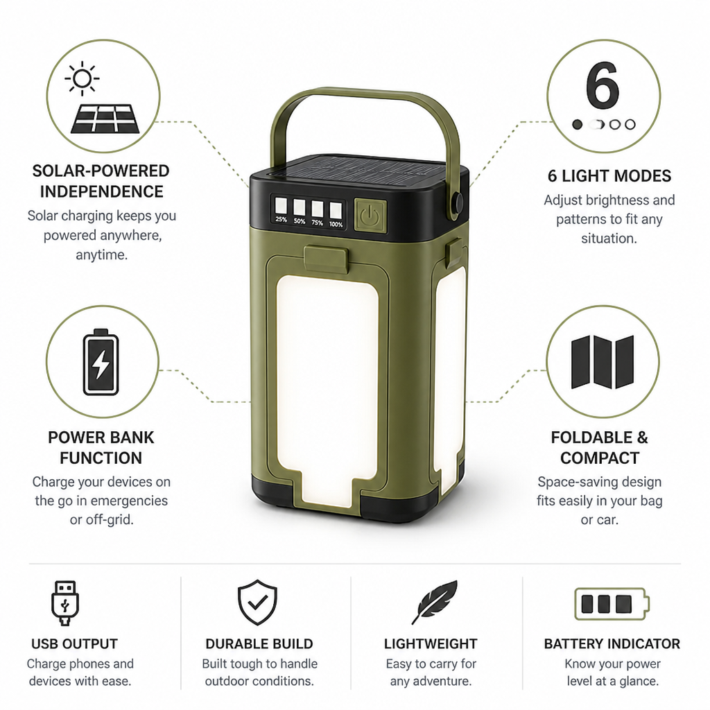 Camping Lantern Foldable Solar Power Bank 6 Light Modes