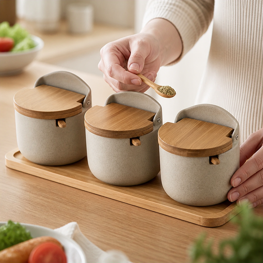 Ceramic Herb Pots with Bamboo Lids & Tray