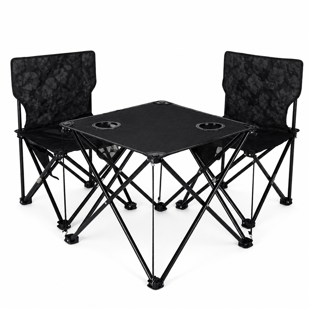 Foldable Table and Chair Set (2-Chair, Floral-Pattern Chairs, Integrated Cup Holders)