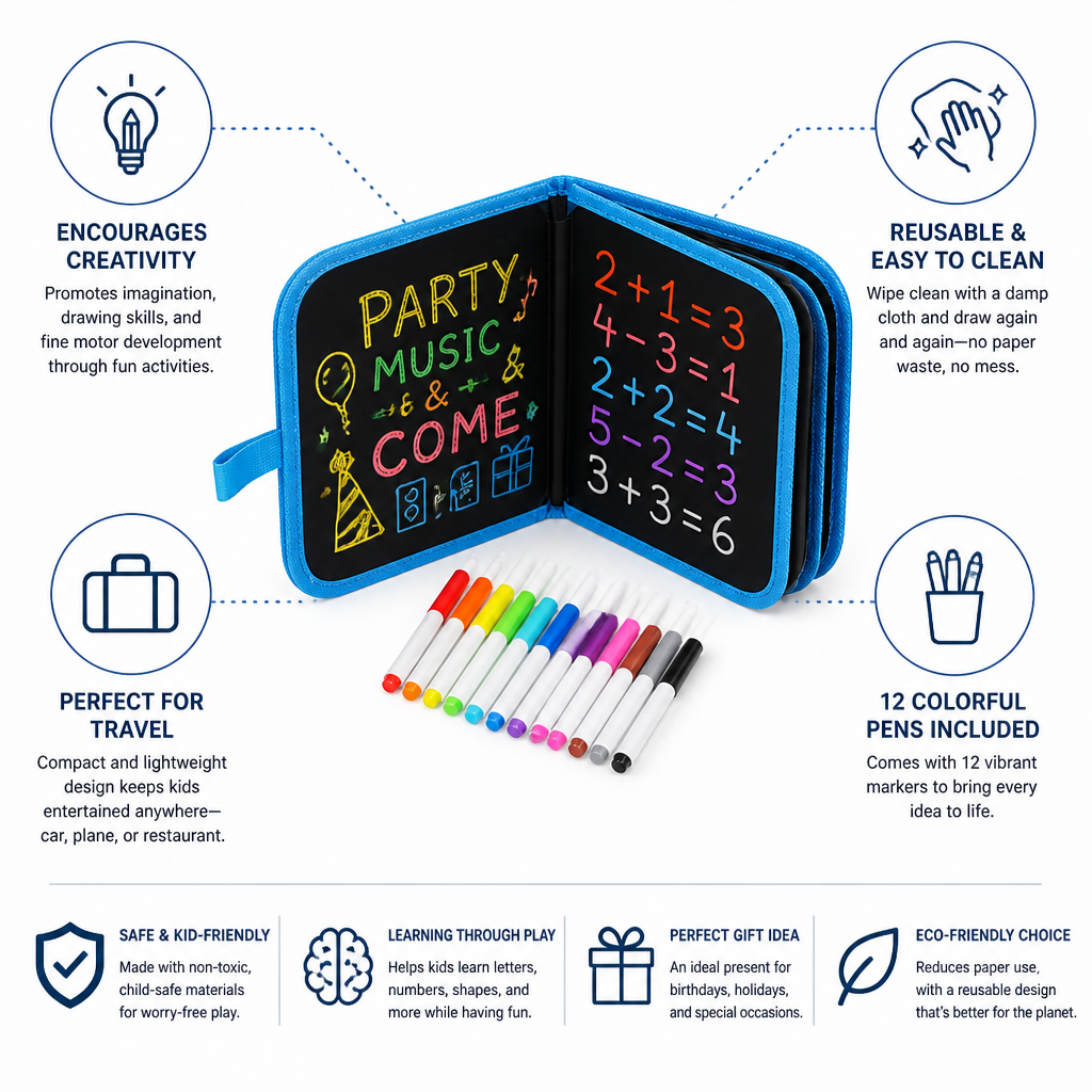 Kids Drawing Book Reusable Wipeable With 12 Pens