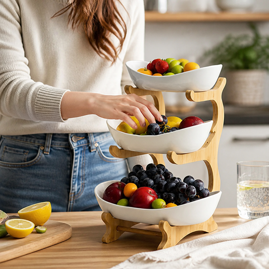 Multi-Tier Fruit Bowl with Ceramic Bowls and Wood Base