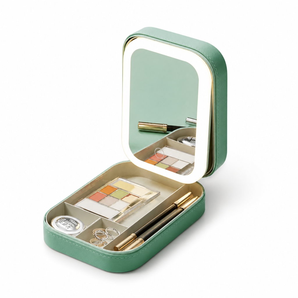 Travel Makeup Case Adjustable LED Mirror Multiple Compartments Waterproof