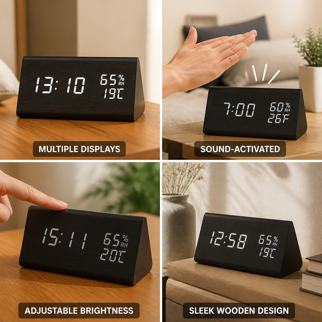 Alarm Clock Wood-Effect LED Sound-Activated