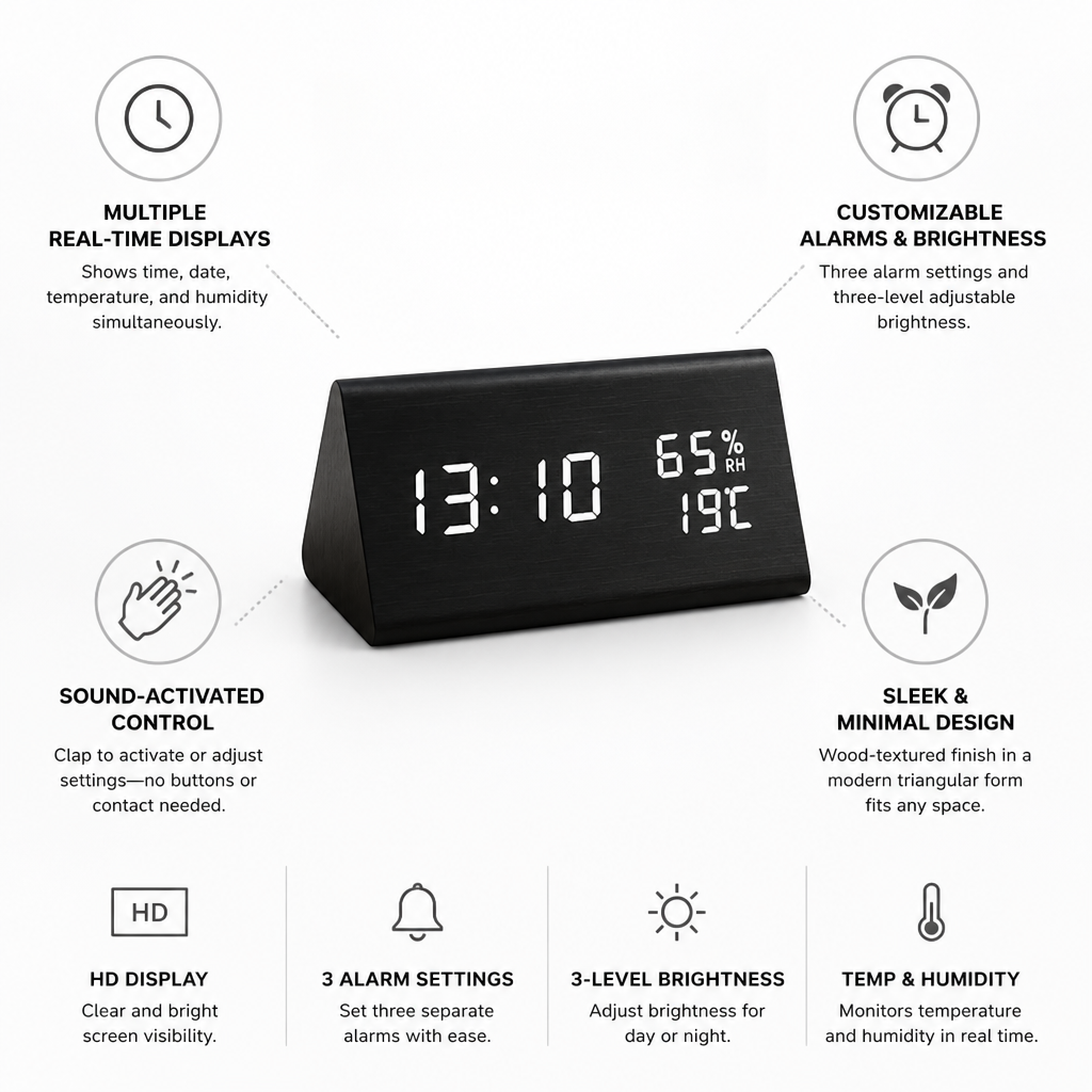 Alarm Clock Wood-Effect LED Sound-Activated
