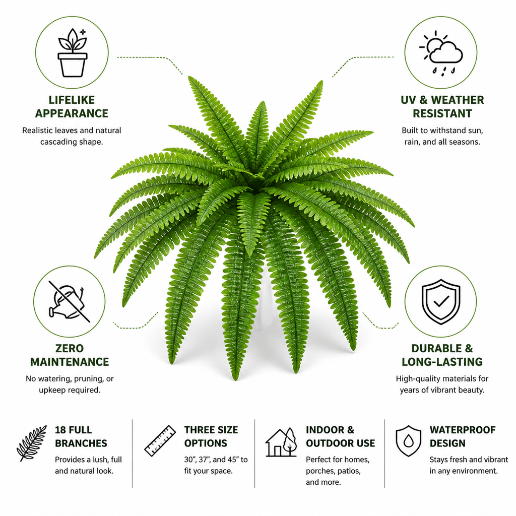Artificial Boston Fern Lifelike Waterproof & UV Resistant
