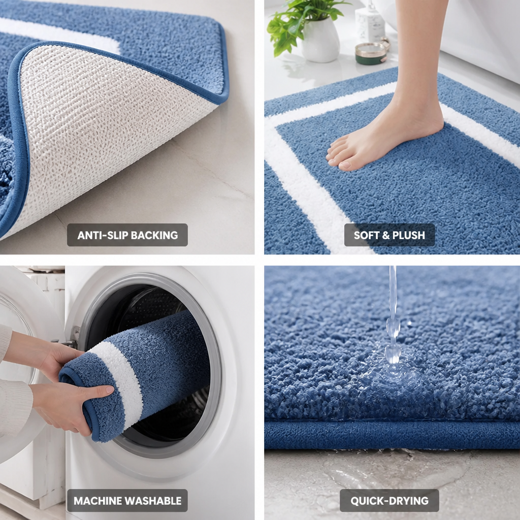 Bath Mat Anti-Slip Plush Microfiber Machine Washable