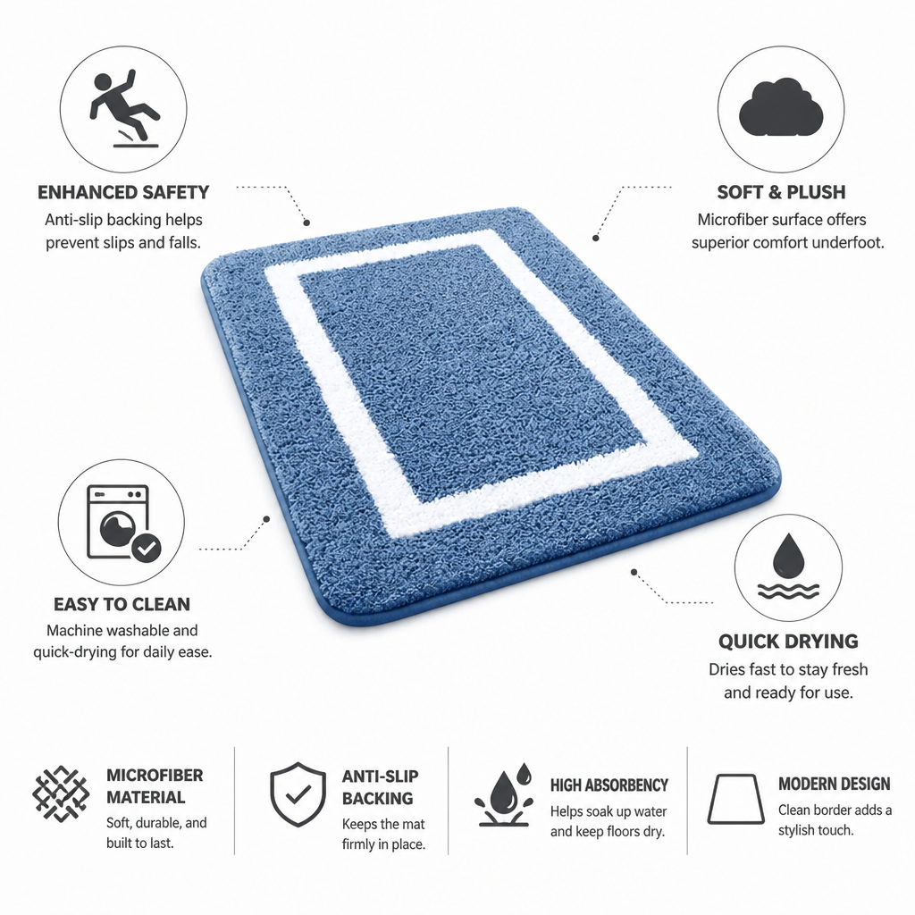 Bath Mat Anti-Slip Plush Microfiber Machine Washable