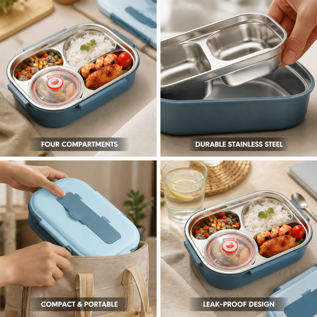Bento Lunch Box Stainless Steel Four Compartments