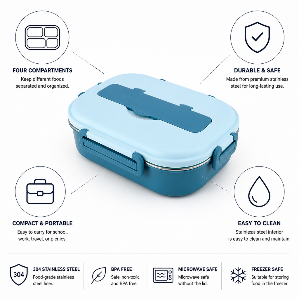 Bento Lunch Box Stainless Steel Four Compartments