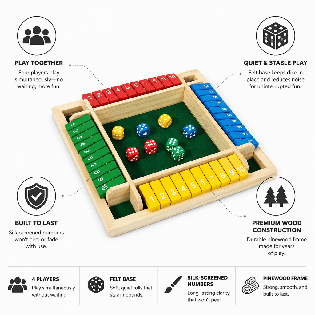 Board Game 4-Player Pine Wood Felt Base Silk-Screened Numbers