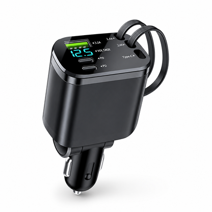 Car Charger Retractable Cables USB-C PD 66W Voltage Display