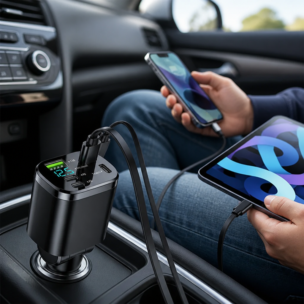 Car Charger Retractable Cables USB-C PD 66W Voltage Display