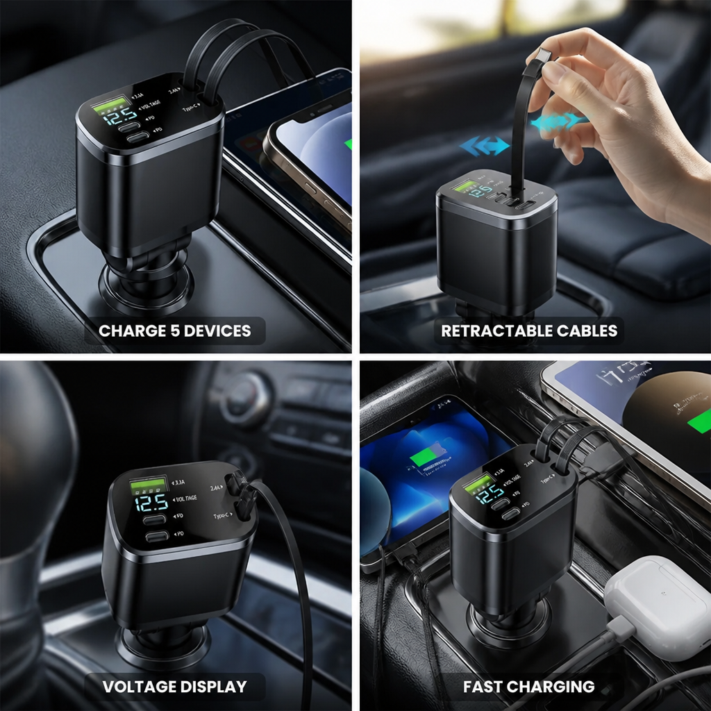 Car Charger Retractable Cables USB-C PD 66W Voltage Display