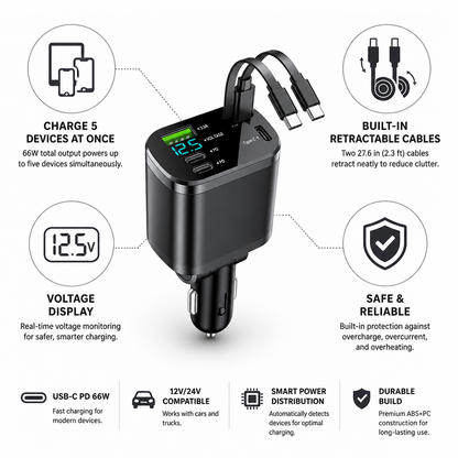 Car Charger Retractable Cables USB-C PD 66W Voltage Display