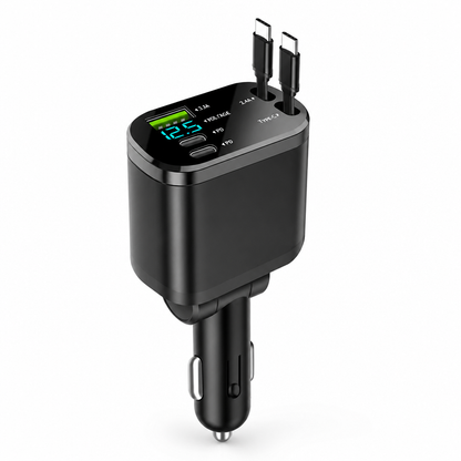 Car Charger Retractable Cables USB-C PD 66W Voltage Display