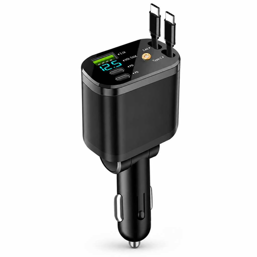 Car Charger Retractable Cables USB-C PD 66W Voltage Display