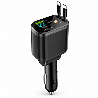 Car Charger Retractable Cables USB-C PD 66W Voltage Display