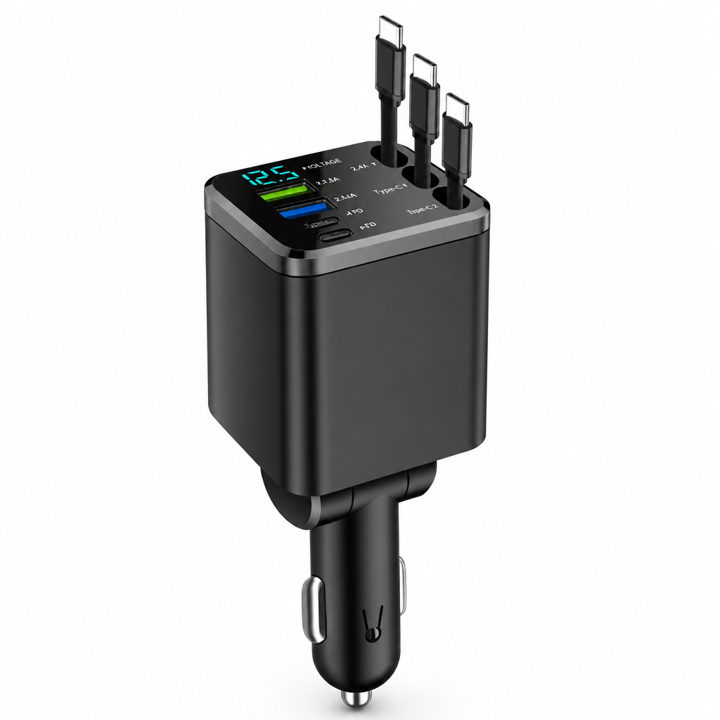 Car Charger Retractable Cables USB-C PD 66W Voltage Display
