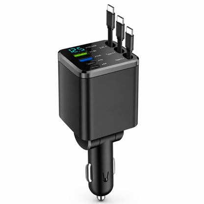 Car Charger Retractable Cables USB-C PD 66W Voltage Display