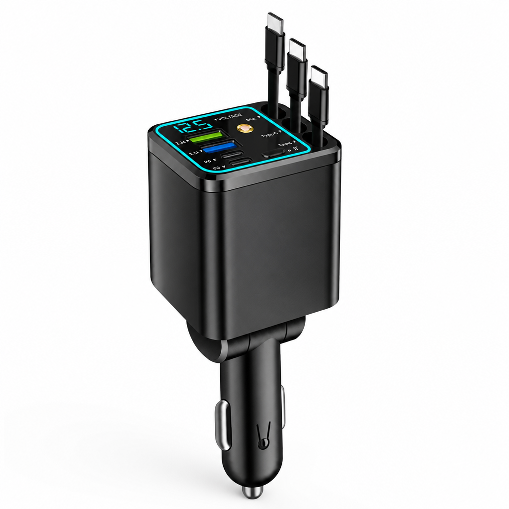Car Charger Retractable Cables USB-C PD 66W Voltage Display