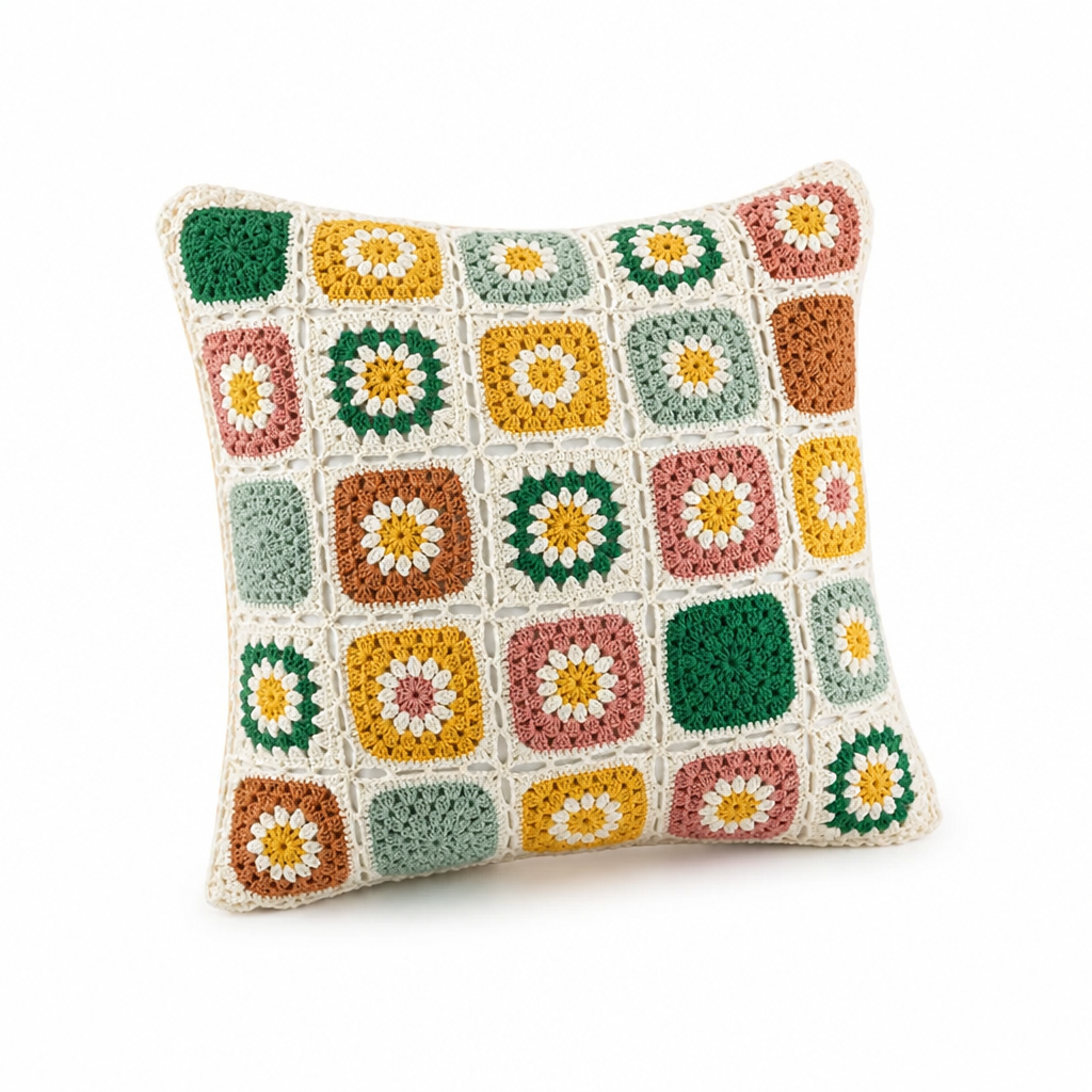 Cushion Cover Crocheted Multicolor Floral Microfiber Machine Washable