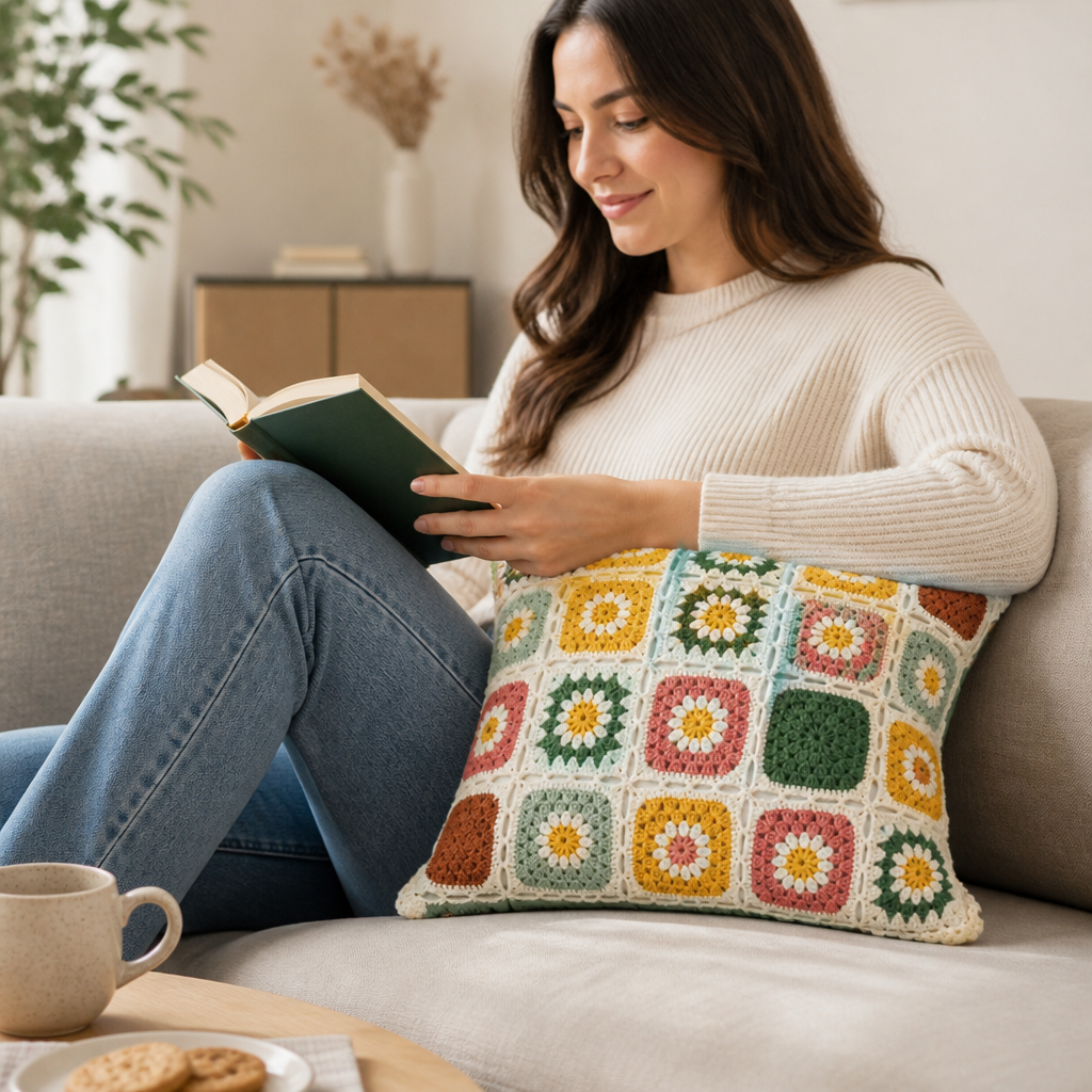 Cushion Cover Crocheted Multicolor Floral Microfiber Machine Washable