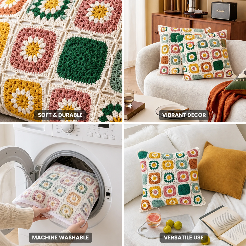Cushion Cover Crocheted Multicolor Floral Microfiber Machine Washable