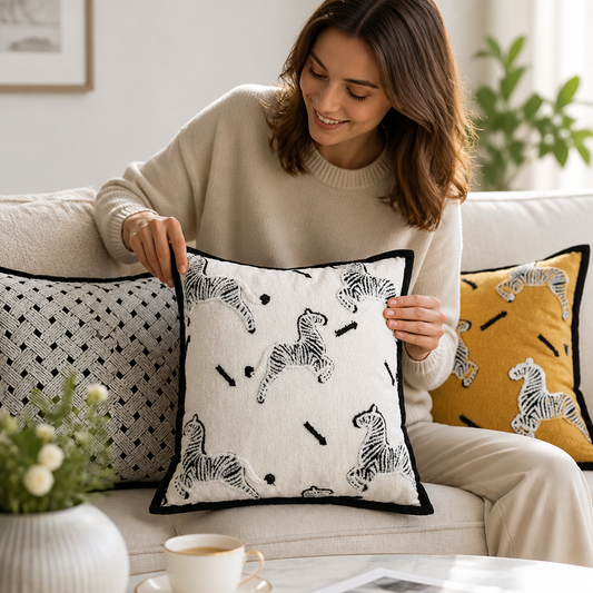 Cushion Cover Geometric Embroidered Chenille Zip Closure