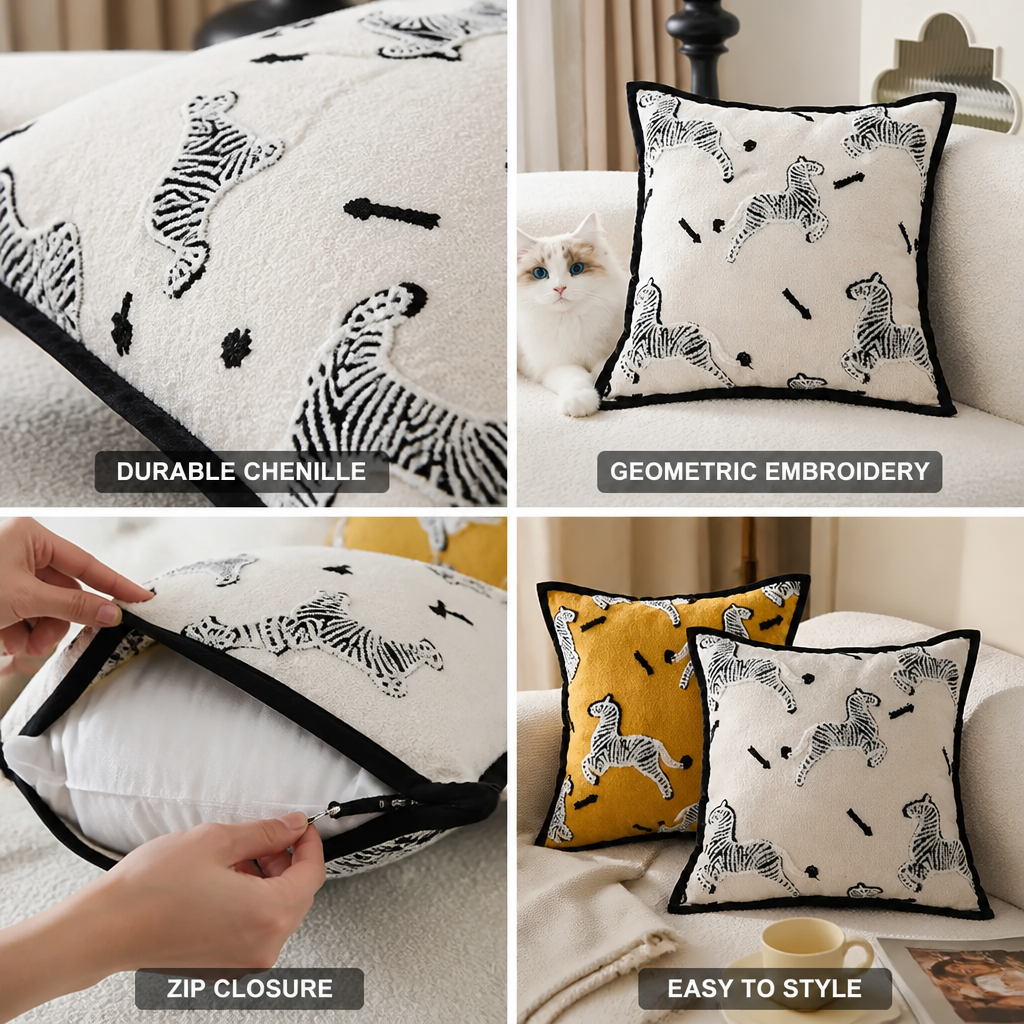 Cushion Cover Geometric Embroidered Chenille Zip Closure