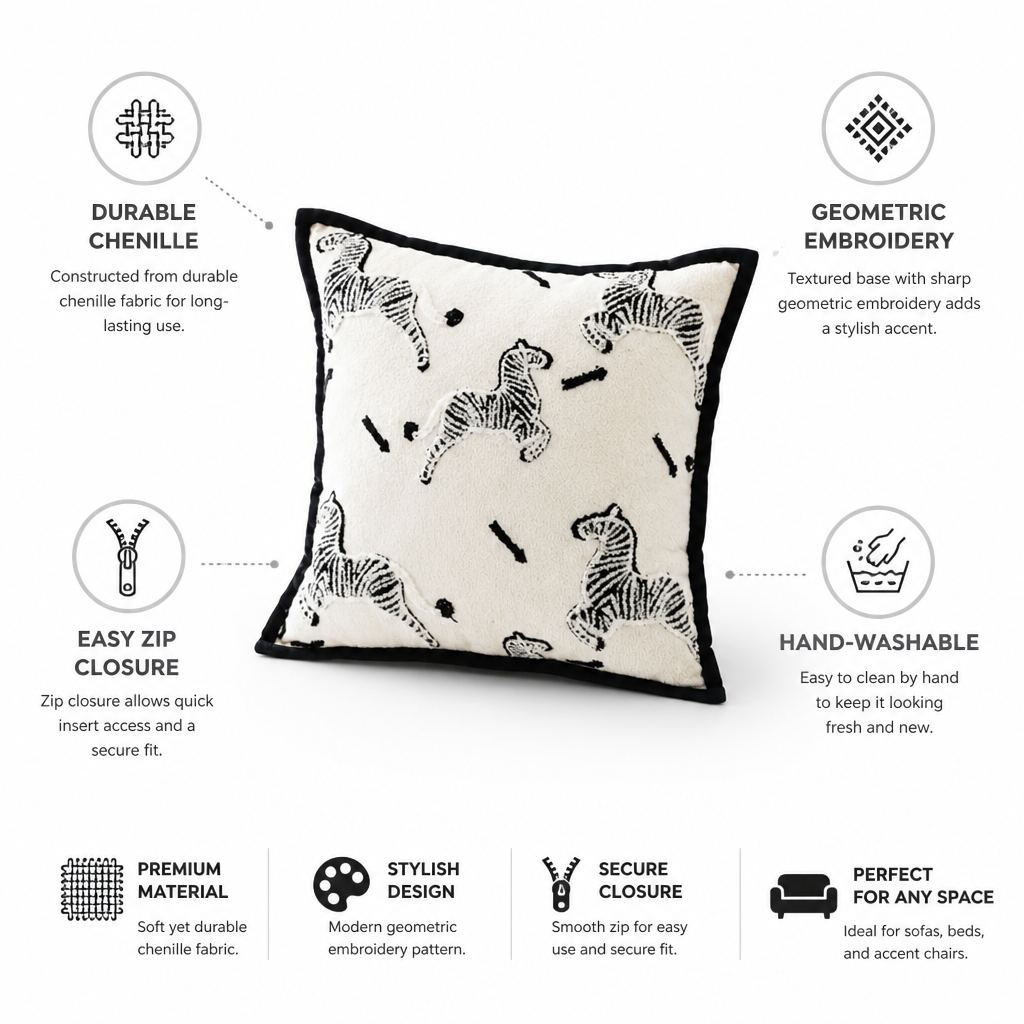 Cushion Cover Geometric Embroidered Chenille Zip Closure