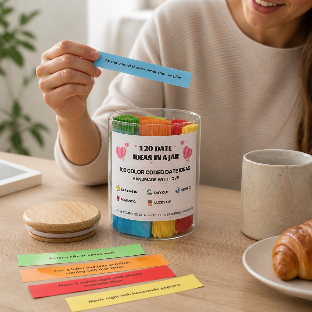 Date Night Jar Color-Coded Prompts Bamboo Lid
