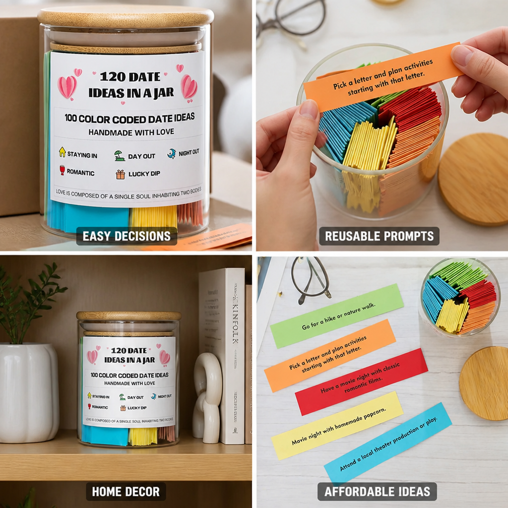 Date Night Jar Color-Coded Prompts Bamboo Lid