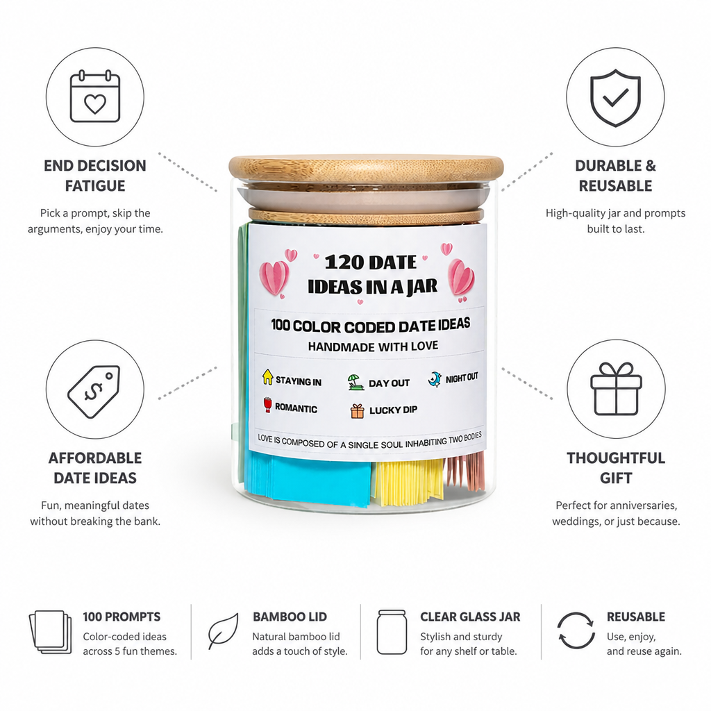 Date Night Jar Color-Coded Prompts Bamboo Lid