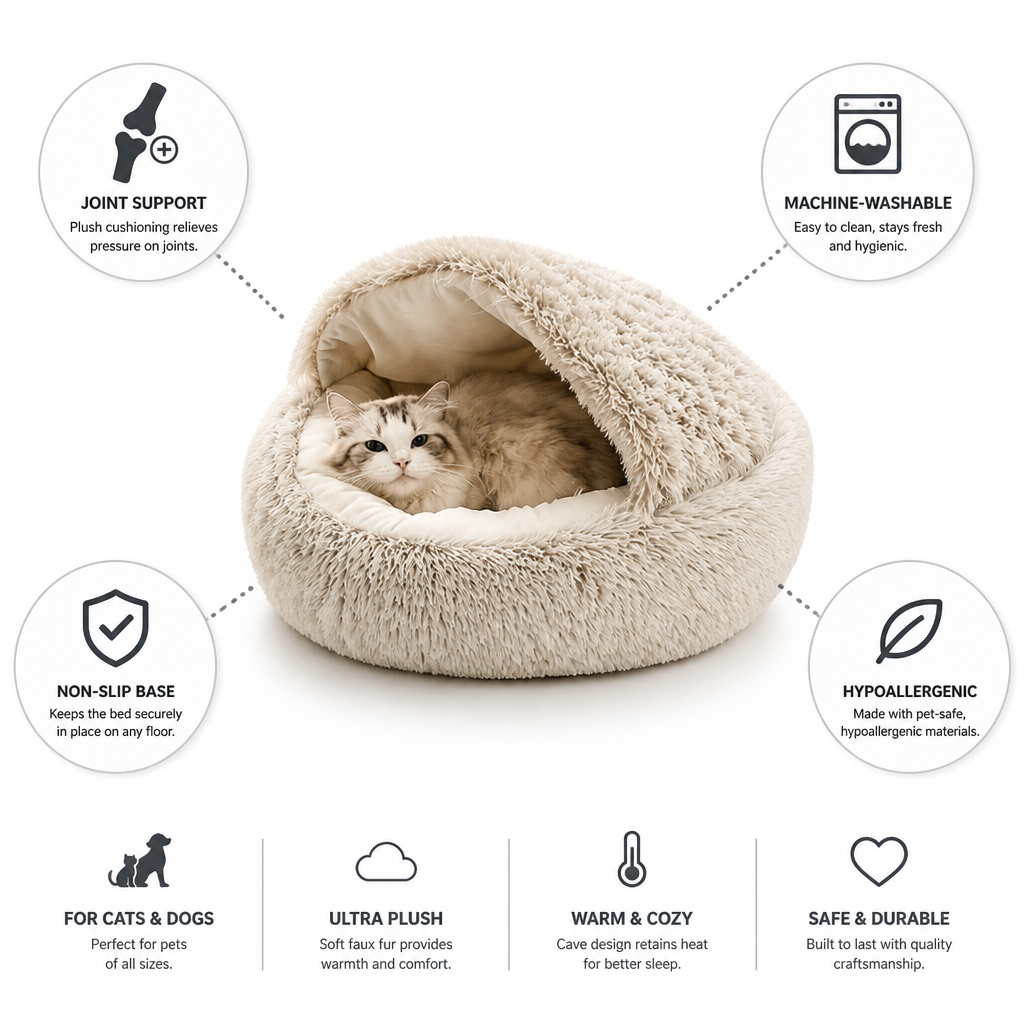Dog & Cat Cave Bed Plush Joint Support Machine-Washable