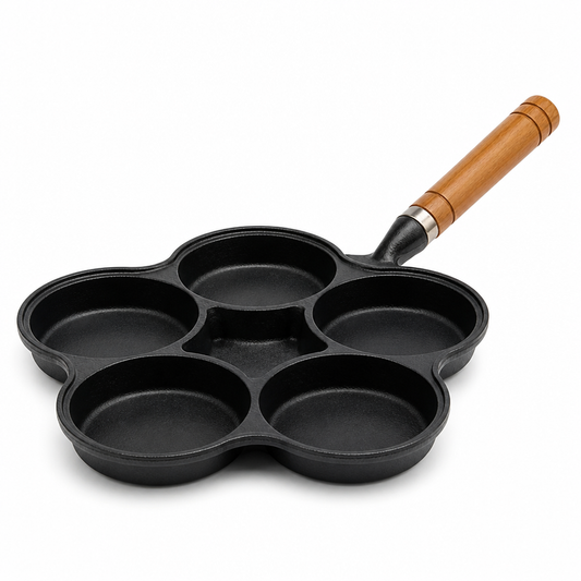 Egg Pan Cast Iron 5 Cavity Wooden Handle