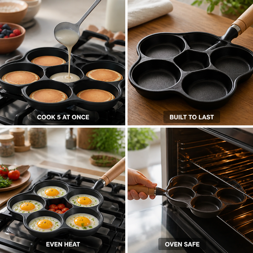 Egg Pan Cast Iron 5 Cavity Wooden Handle