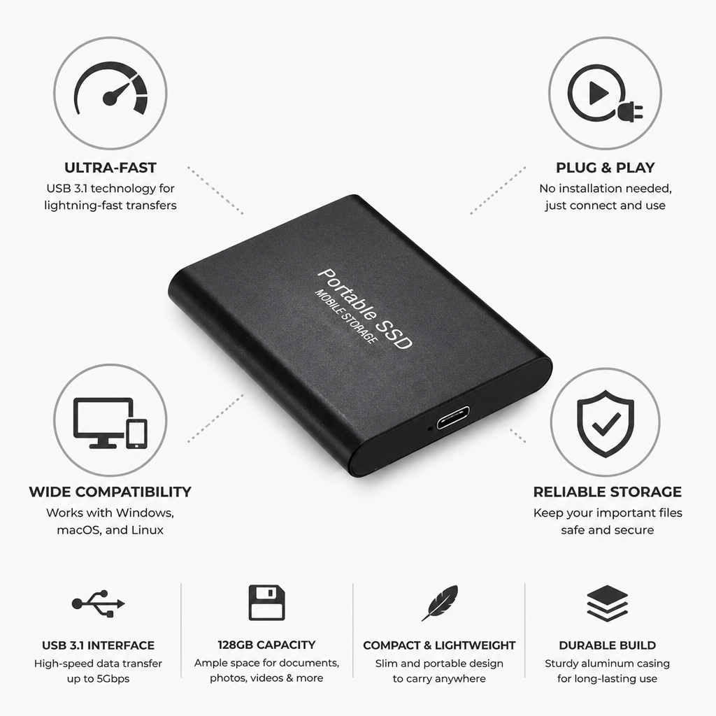 External SSD 128GB USB 3.1 Plug-And-Play