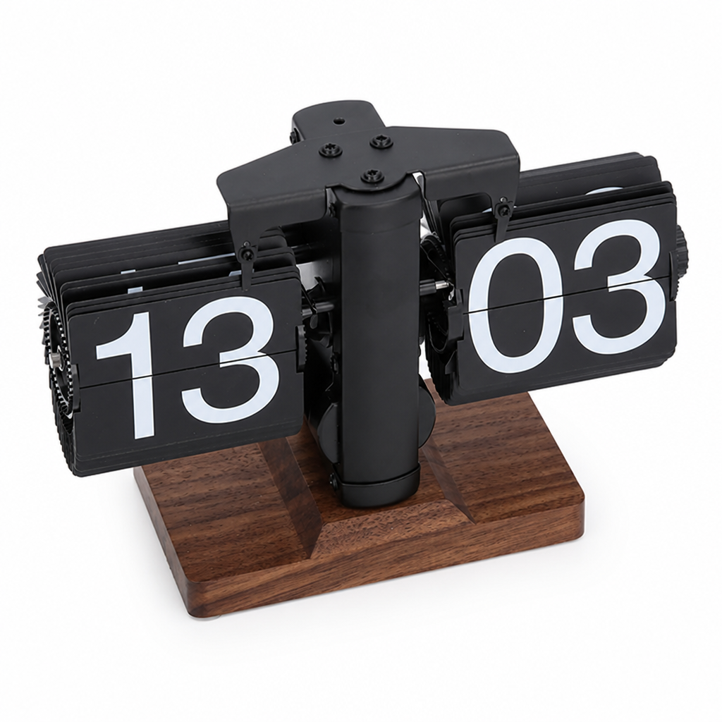 Flip Clock Mechanical Exposed Gears Wood Base